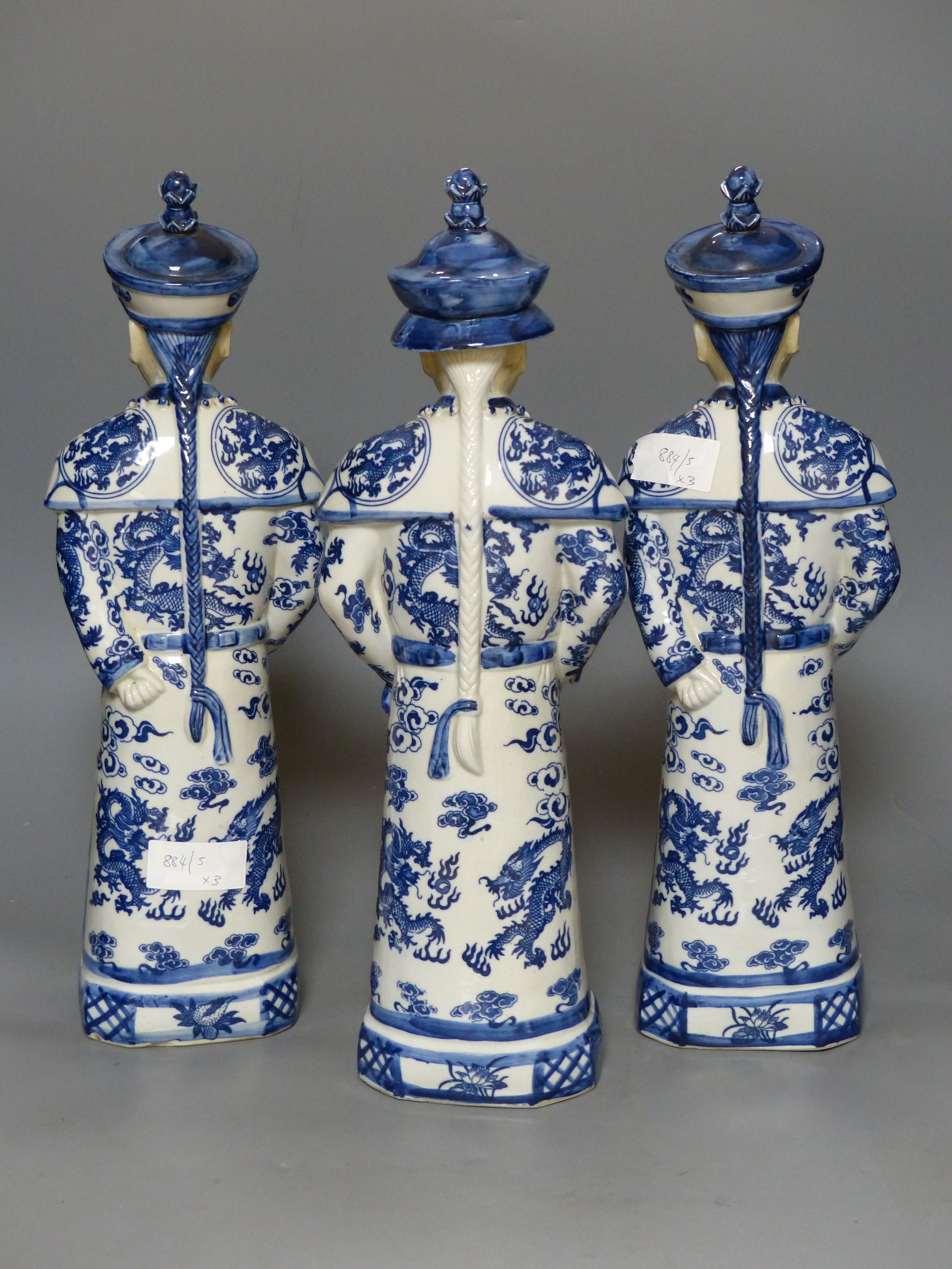 Three Chinese blue and white figures, tallest 45c